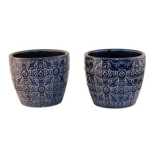 Blue Mediterranean Bell Ceramic Planter Decorative Set Of 2 Fits 4 Inch Pots Ind
